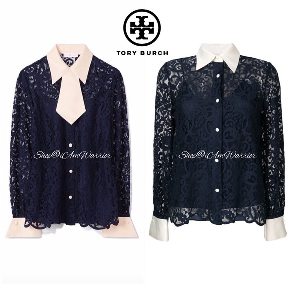 Tory Burch NWT navy lace blouse w/ ivory cuffs & collar with removable neck tie - Picture 7 of 16